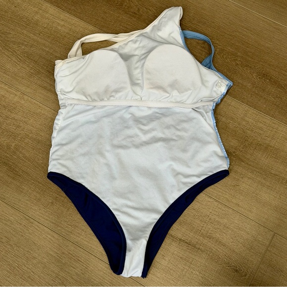 Blue Cream Striped Women size Large One Shoulder One Piece Swimsuit No brand tag - Picture 7 of 10